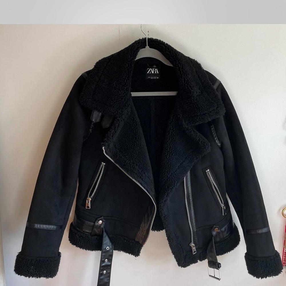 Zara Women's Black Shearling Bomber Jacket